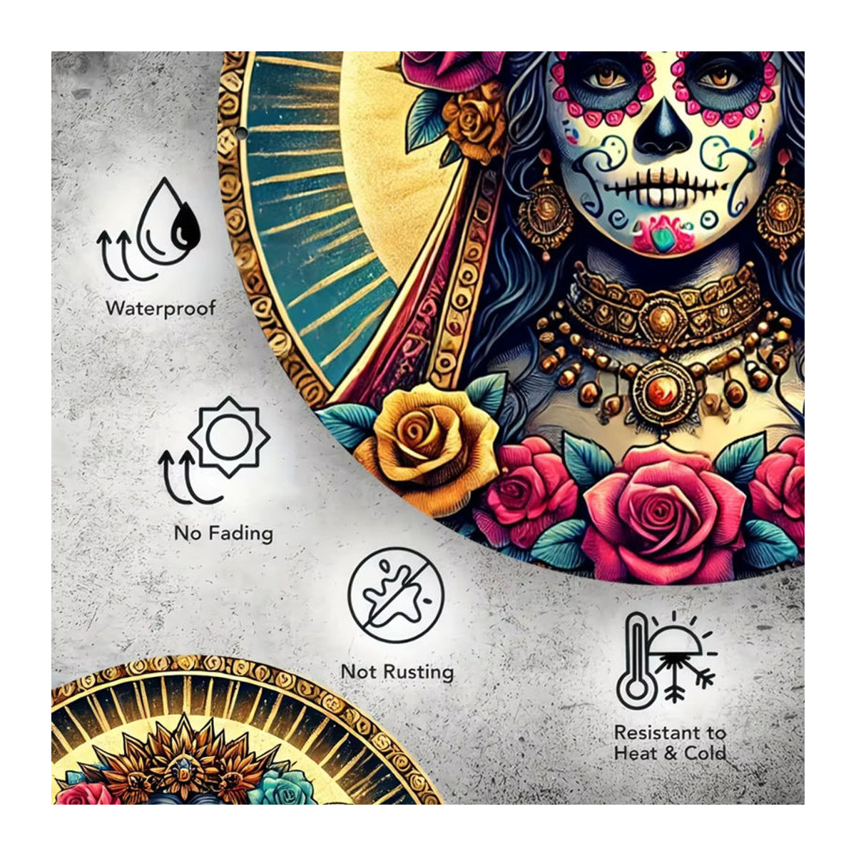Wandbehang Day of the Dead von Hello Young aus Metall, mehrfarbiges Zuckerskelett-Porträt, B/H: 20,3 x 20,3 cm - Bild 3