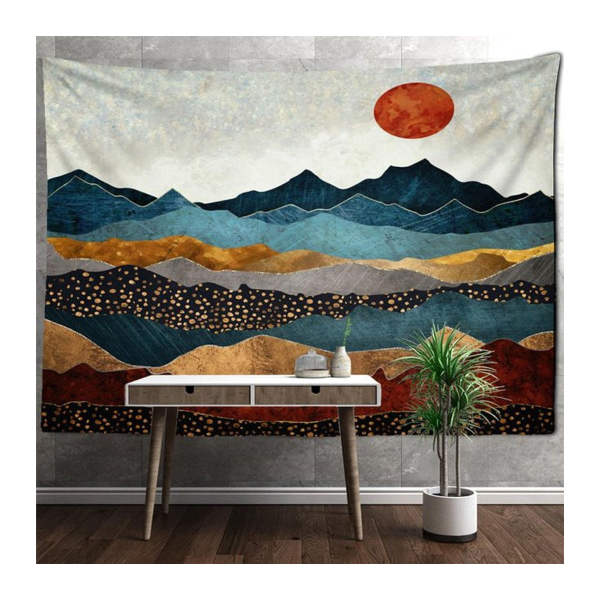 Wandbehang Super Six mit Landschaftsmotiv Berge und Flüsse im Bohemian Retro Stil, mehrfarbig, Textil, B: 320 cm, H: 182 cm - Bild 1