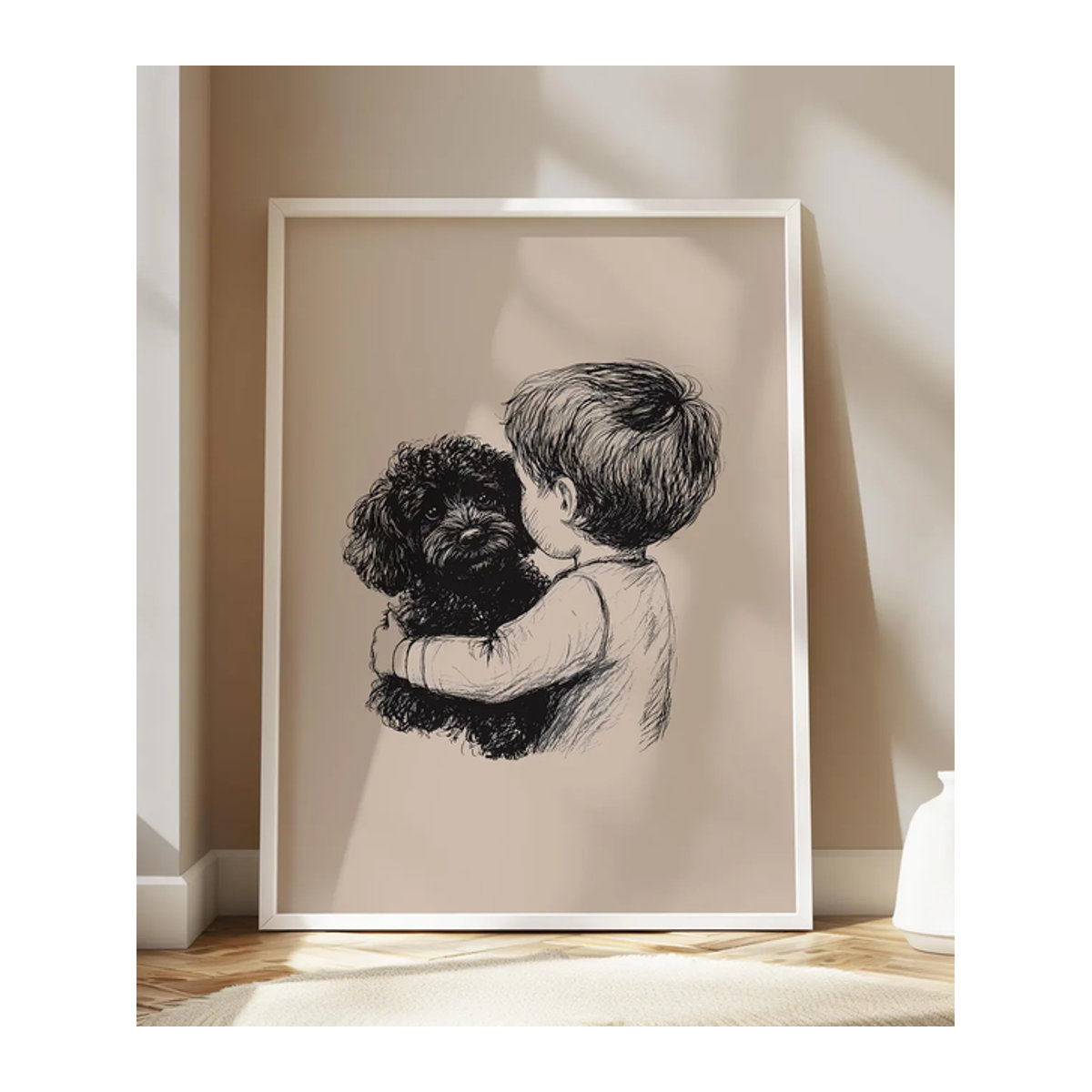 Wanddruck SHENCHEN mit Junge und Hund in Schwarz und Beige, minimalistische Stiftzeichnung aus Holz für die Wandmontage - Bild 1