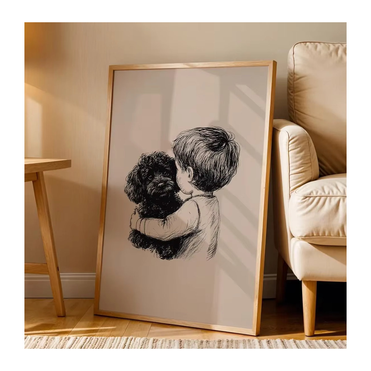 Wanddruck SHENCHEN mit Junge und Hund in Schwarz und Beige, minimalistische Stiftzeichnung aus Holz für die Wandmontage - Bild 2