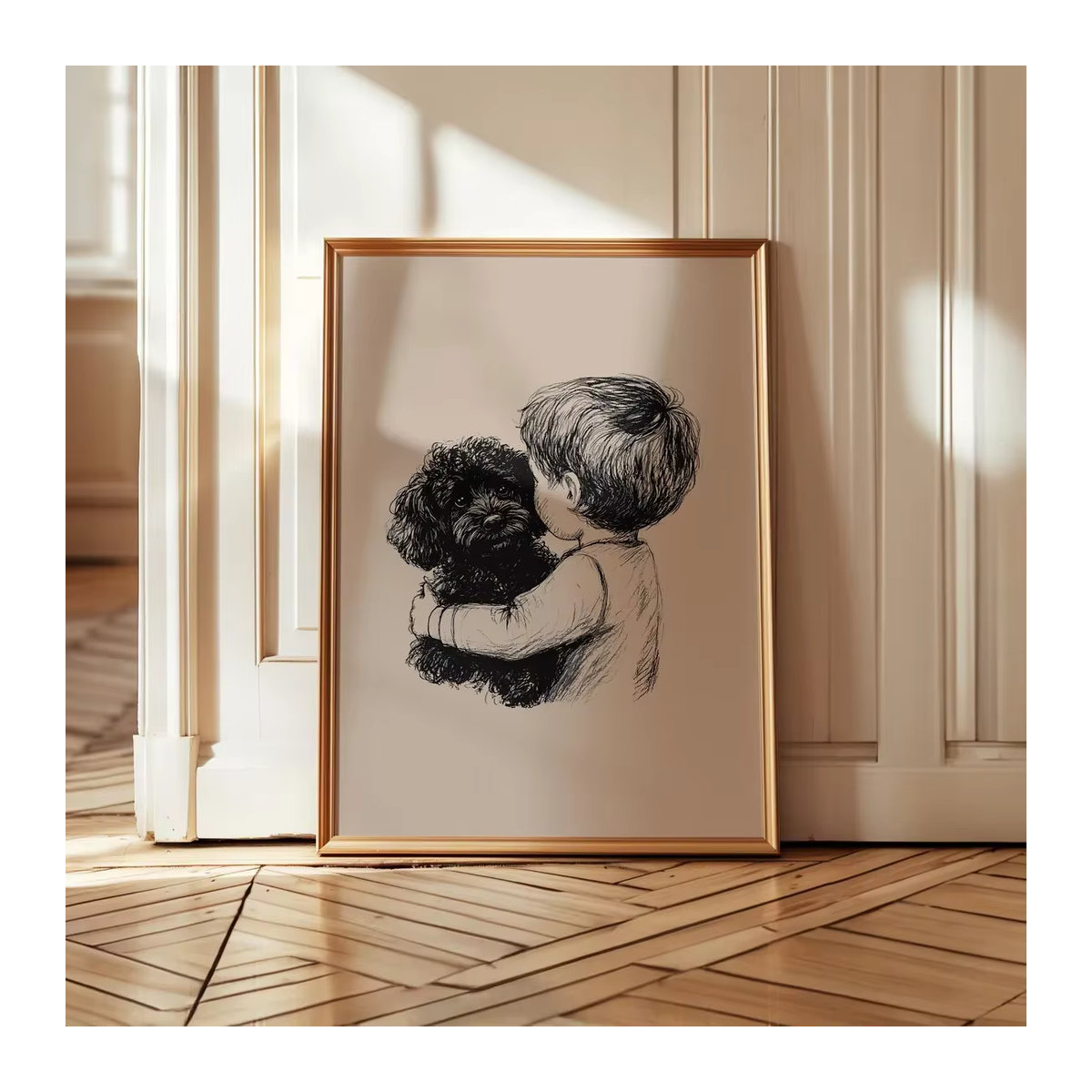 Wanddruck SHENCHEN mit Junge und Hund in Schwarz und Beige, minimalistische Stiftzeichnung aus Holz für die Wandmontage - Bild 3