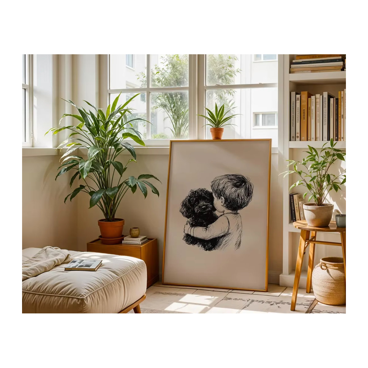 Wanddruck SHENCHEN mit Junge und Hund in Schwarz und Beige, minimalistische Stiftzeichnung aus Holz für die Wandmontage - Bild 4