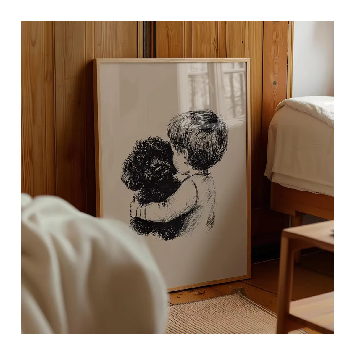 Wanddruck SHENCHEN mit Junge und Hund in Schwarz und Beige, minimalistische Stiftzeichnung aus Holz für die Wandmontage - Bild 5