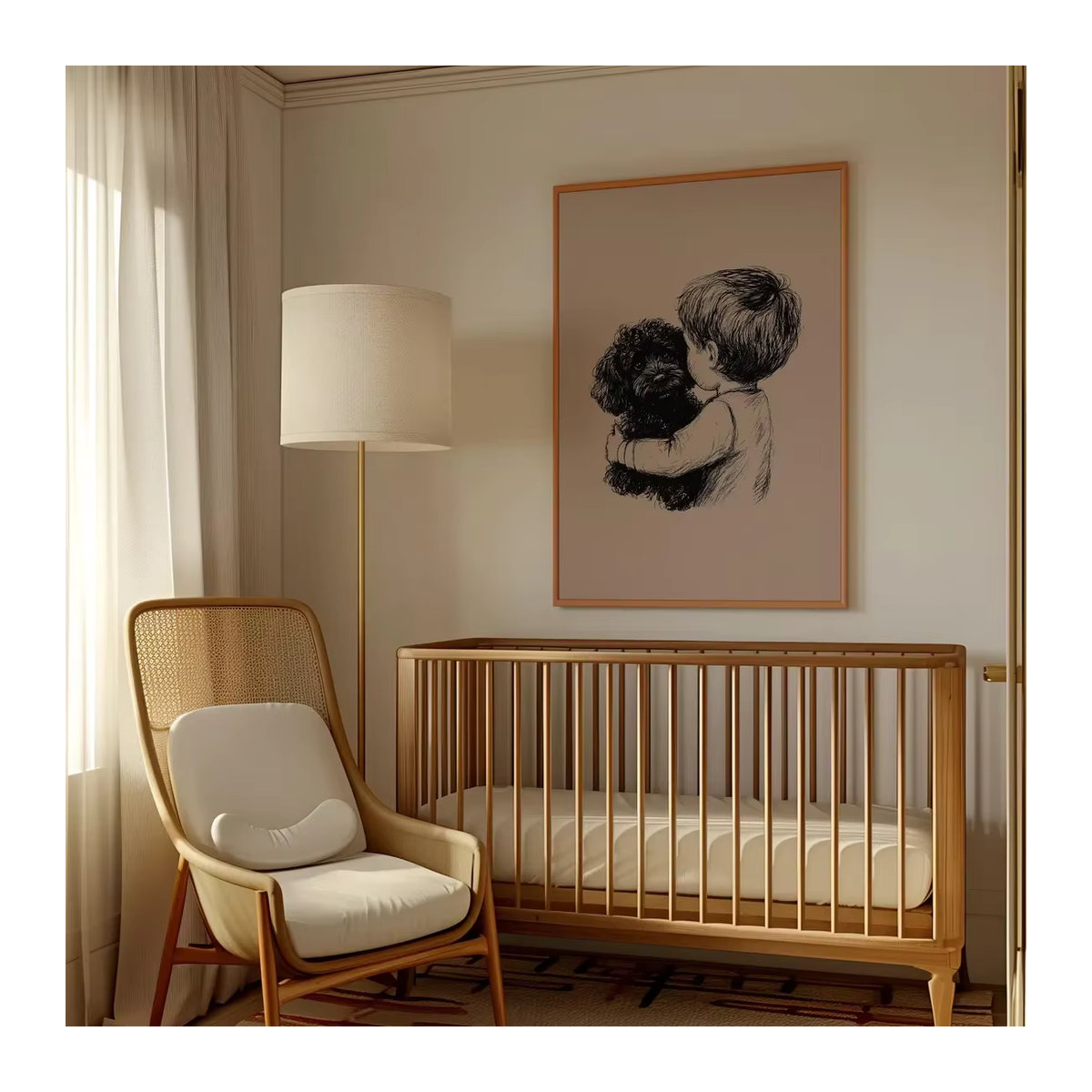 Wanddruck SHENCHEN mit Junge und Hund in Schwarz und Beige, minimalistische Stiftzeichnung aus Holz für die Wandmontage - Bild 6