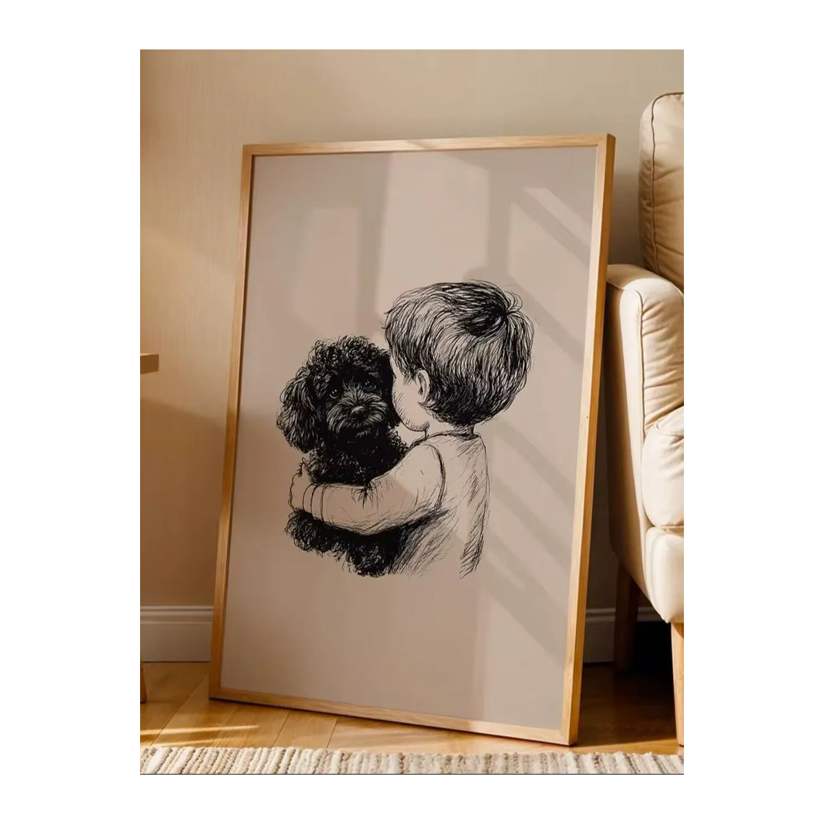 Wanddruck SHENCHEN mit Junge und Hund in Schwarz und Beige, minimalistische Stiftzeichnung aus Holz für die Wandmontage - Bild 7