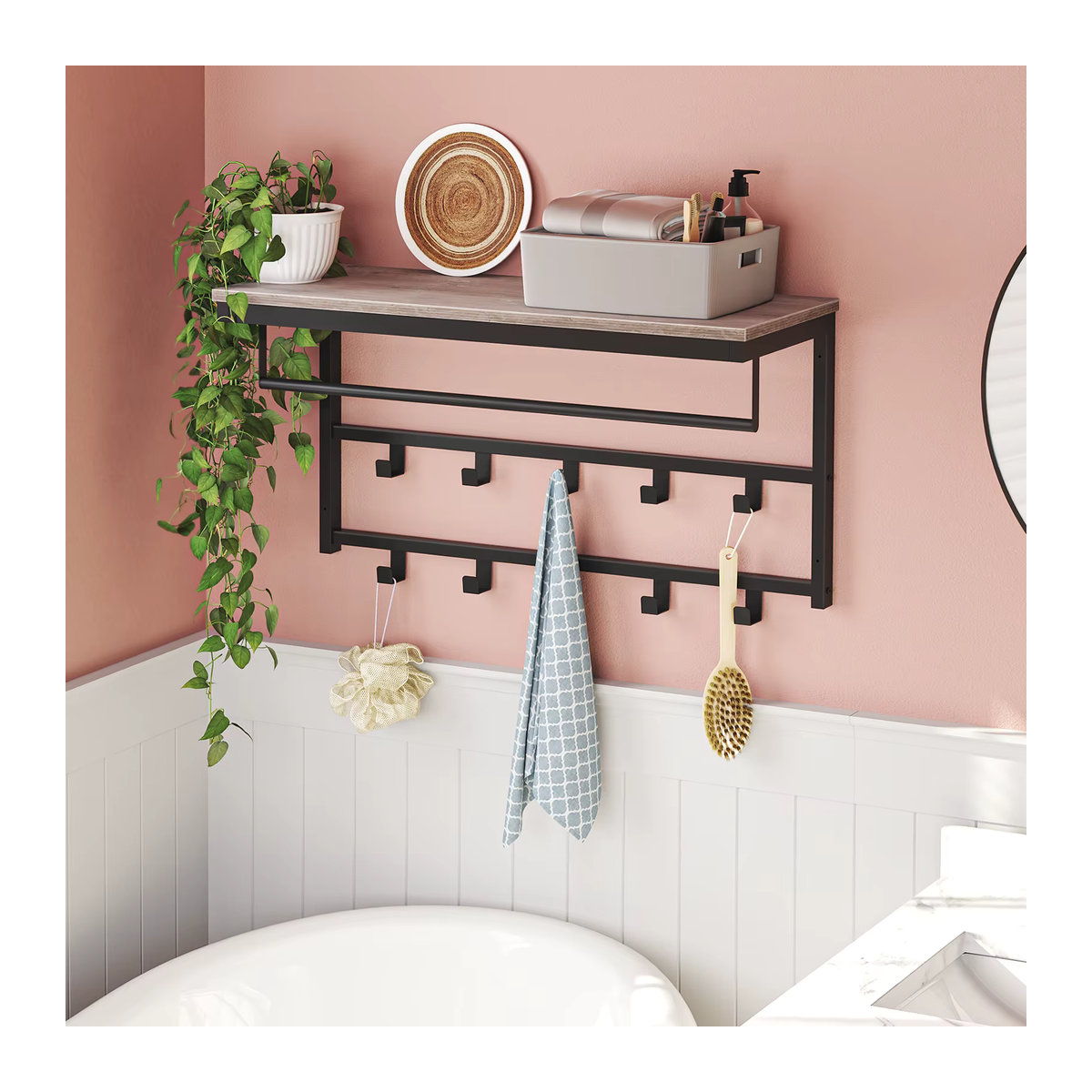Wandgarderobe mit Regal im Industrial-Design in Beige und Natur aus Holzwerkstoff und Metall - Bild 2