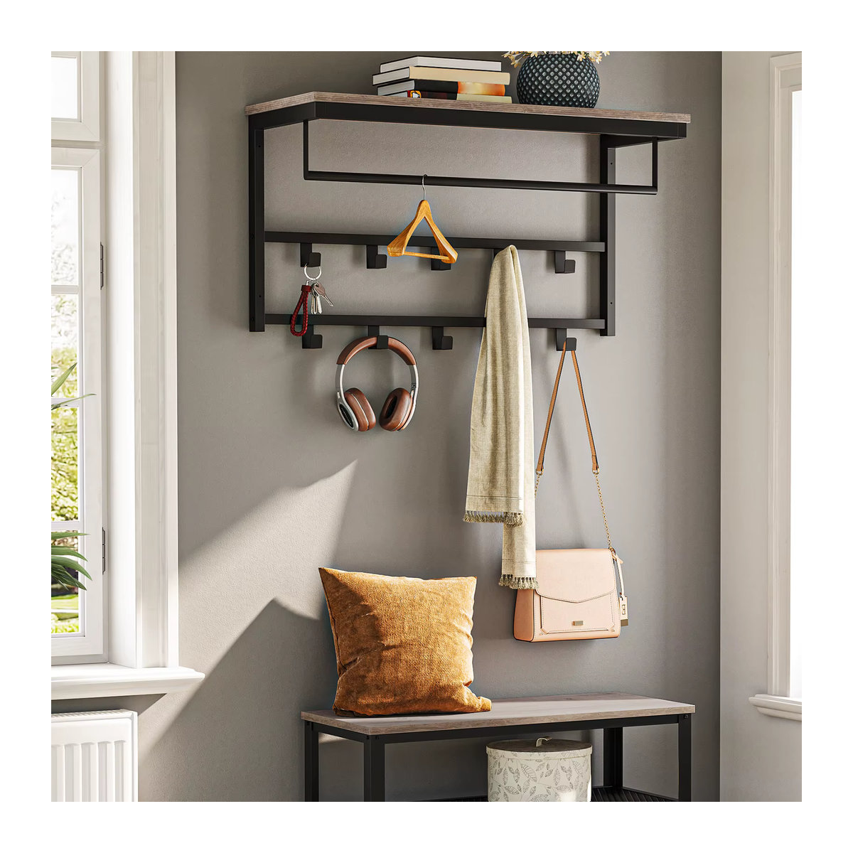 Wandgarderobe mit Regal im Industrial-Design in Beige und Natur aus Holzwerkstoff und Metall - Bild 4