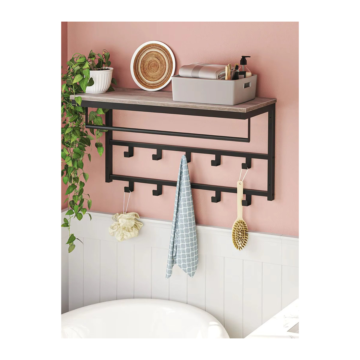 Wandgarderobe mit Regal im Industrial-Design in Beige und Natur aus Holzwerkstoff und Metall - Bild 6