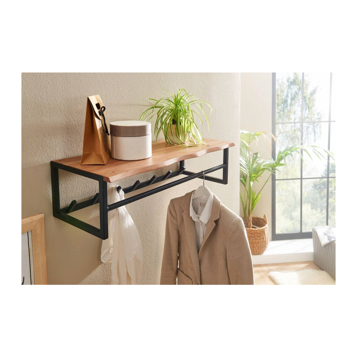 Wandgarderobe Wohnling Industrial aus Akazie Massivholz und Metall, Natur/Schwarz, B/H/T: 80 x 33 x 22 cm - Bild 1