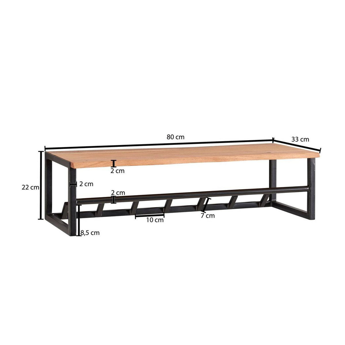 Wandgarderobe Wohnling Industrial aus Akazie Massivholz und Metall, Natur/Schwarz, B/H/T: 80 x 33 x 22 cm - Bild 2