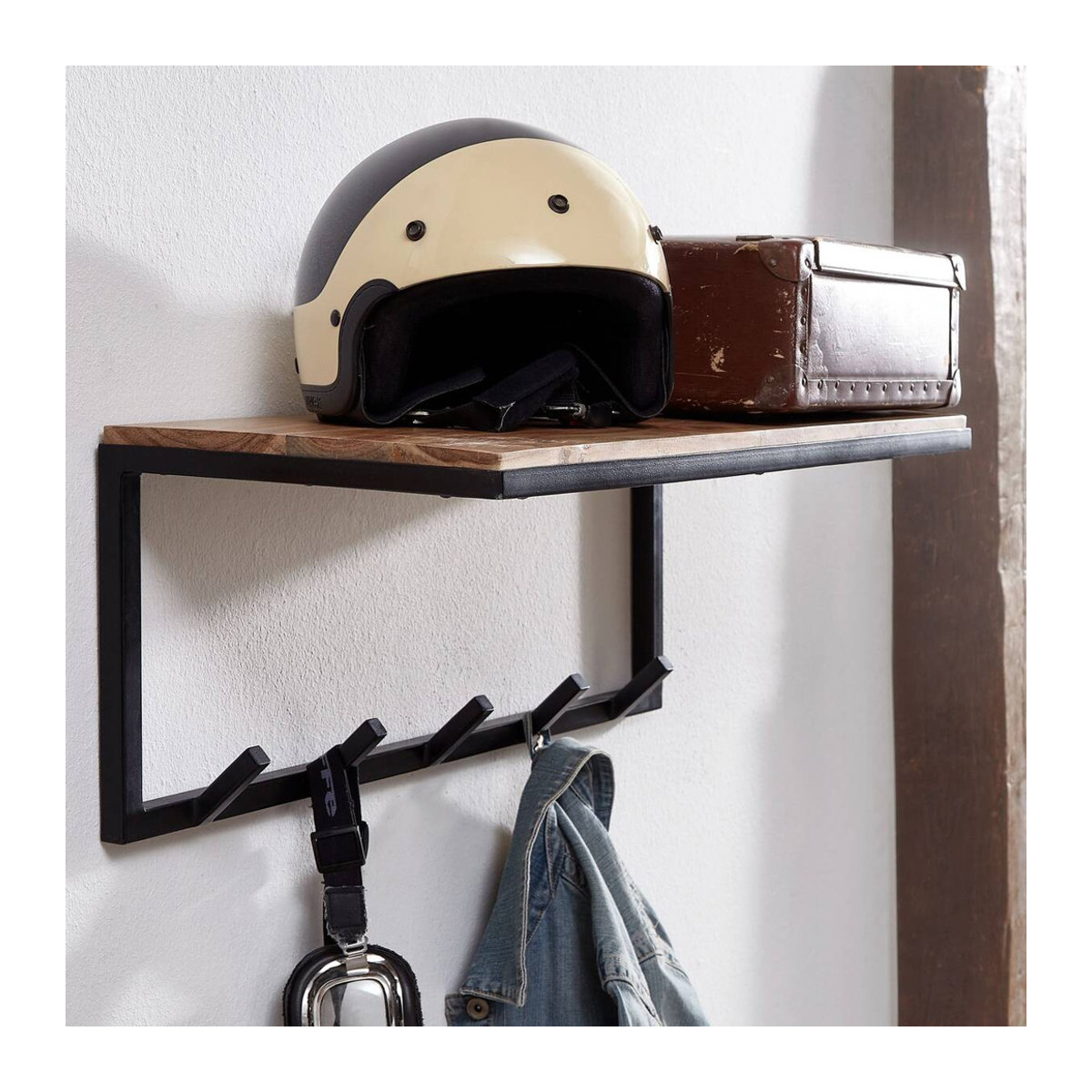 Wandgarderobe Wohnling Industrial aus Akazie Massivholz und Metall, Schwarz und Natur, B/H/T: 70 x 27 x 30 cm - Bild 1