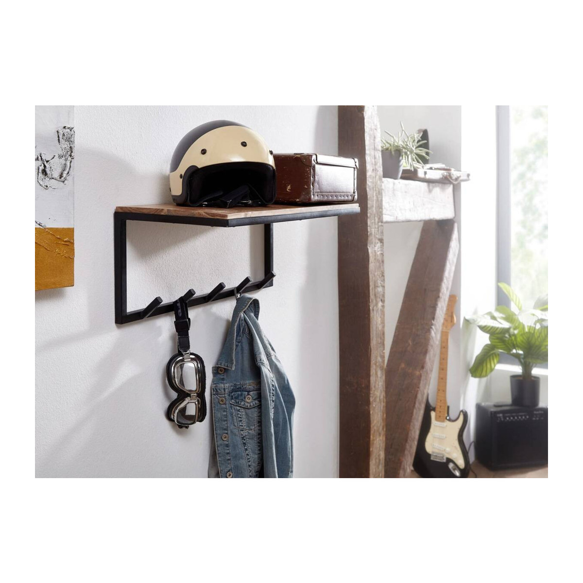 Wandgarderobe Wohnling Industrial aus Akazie Massivholz und Metall, Schwarz und Natur, B/H/T: 70 x 27 x 30 cm - Bild 2