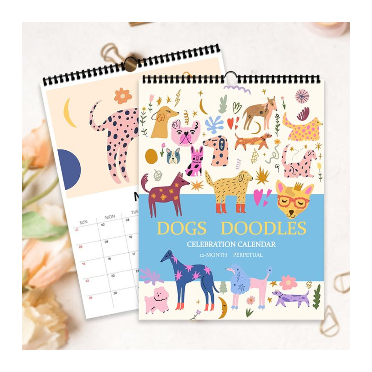 Wandkalender 2026 mit abstrakten Katzen- und Hundeillustrationen, 12-Monats-Planer aus Papier, mehrfarbig, modern und rechteckig - Bild 1