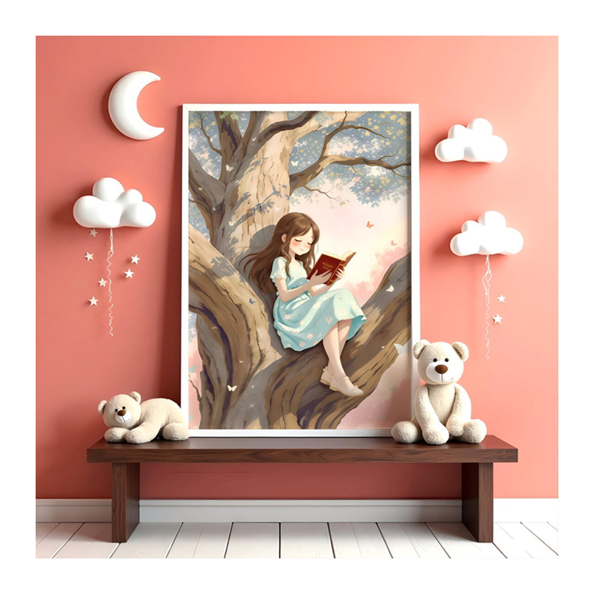 Wandkunst SHENCHEN mit lesender Mädchenfigur am Baum in mehrfarbigen Pastelltönen für Kinder als Wandmontage - Bild 1
