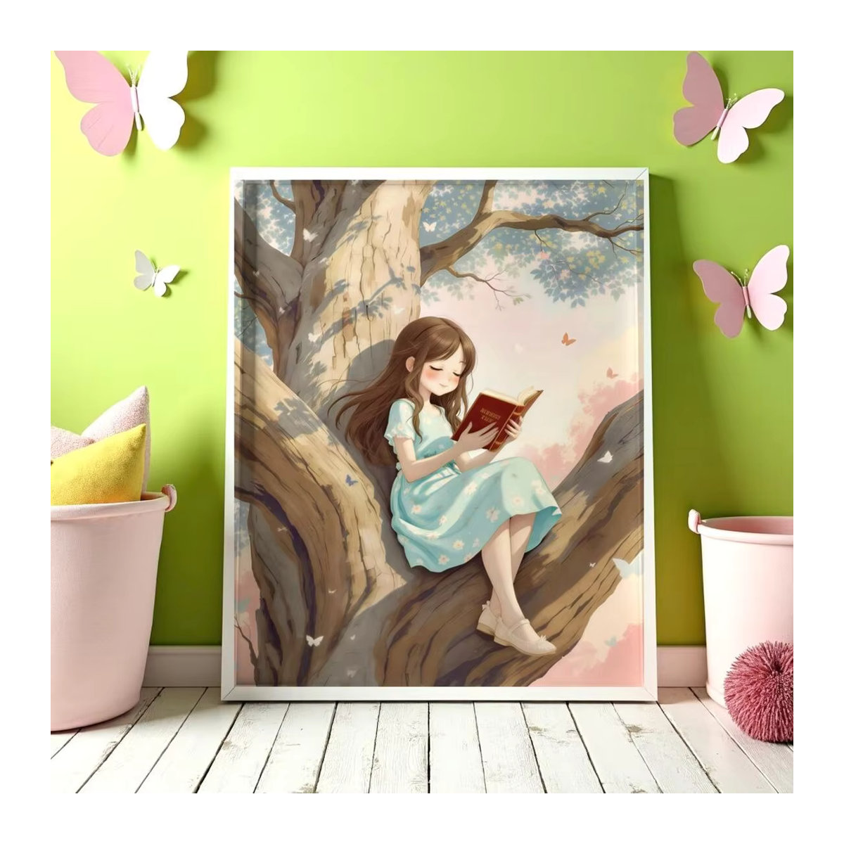Wandkunst SHENCHEN mit lesender Mädchenfigur am Baum in mehrfarbigen Pastelltönen für Kinder als Wandmontage - Bild 2