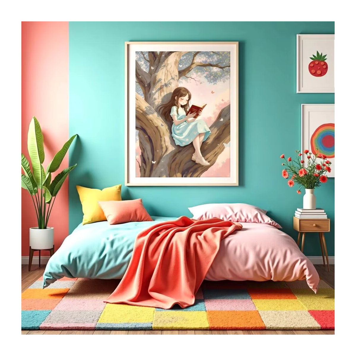 Wandkunst SHENCHEN mit lesender Mädchenfigur am Baum in mehrfarbigen Pastelltönen für Kinder als Wandmontage - Bild 3