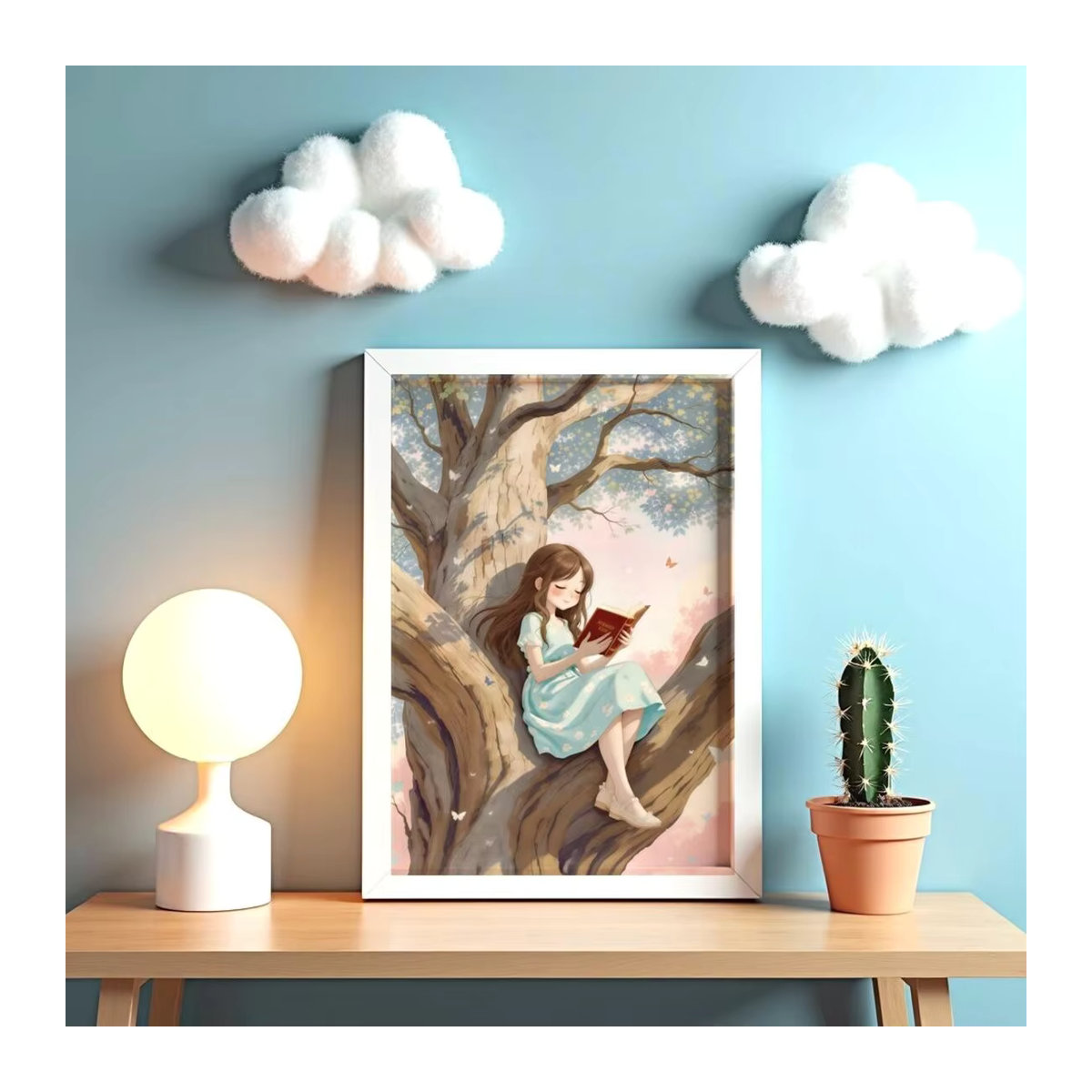 Wandkunst SHENCHEN mit lesender Mädchenfigur am Baum in mehrfarbigen Pastelltönen für Kinder als Wandmontage - Bild 4