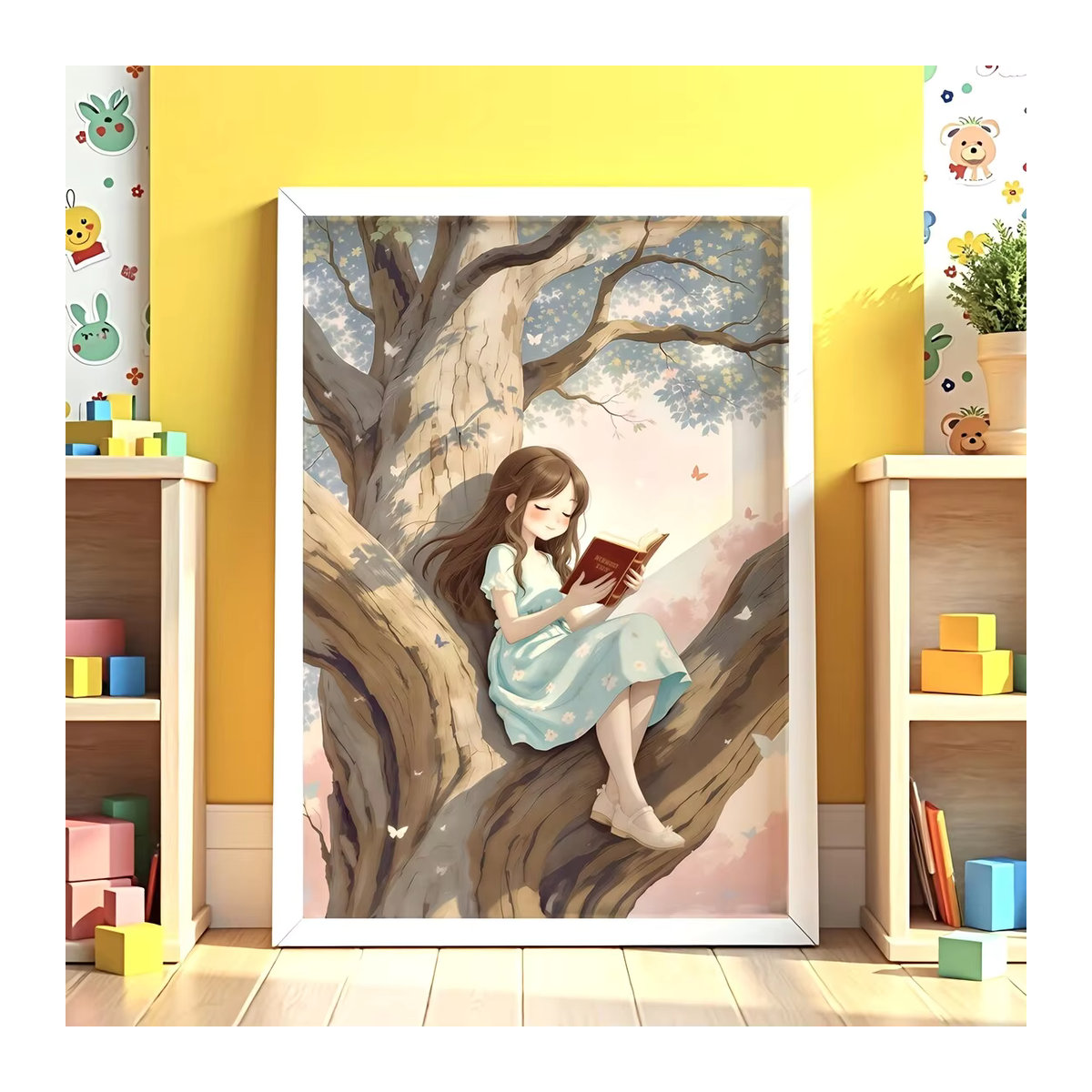 Wandkunst SHENCHEN mit lesender Mädchenfigur am Baum in mehrfarbigen Pastelltönen für Kinder als Wandmontage - Bild 5