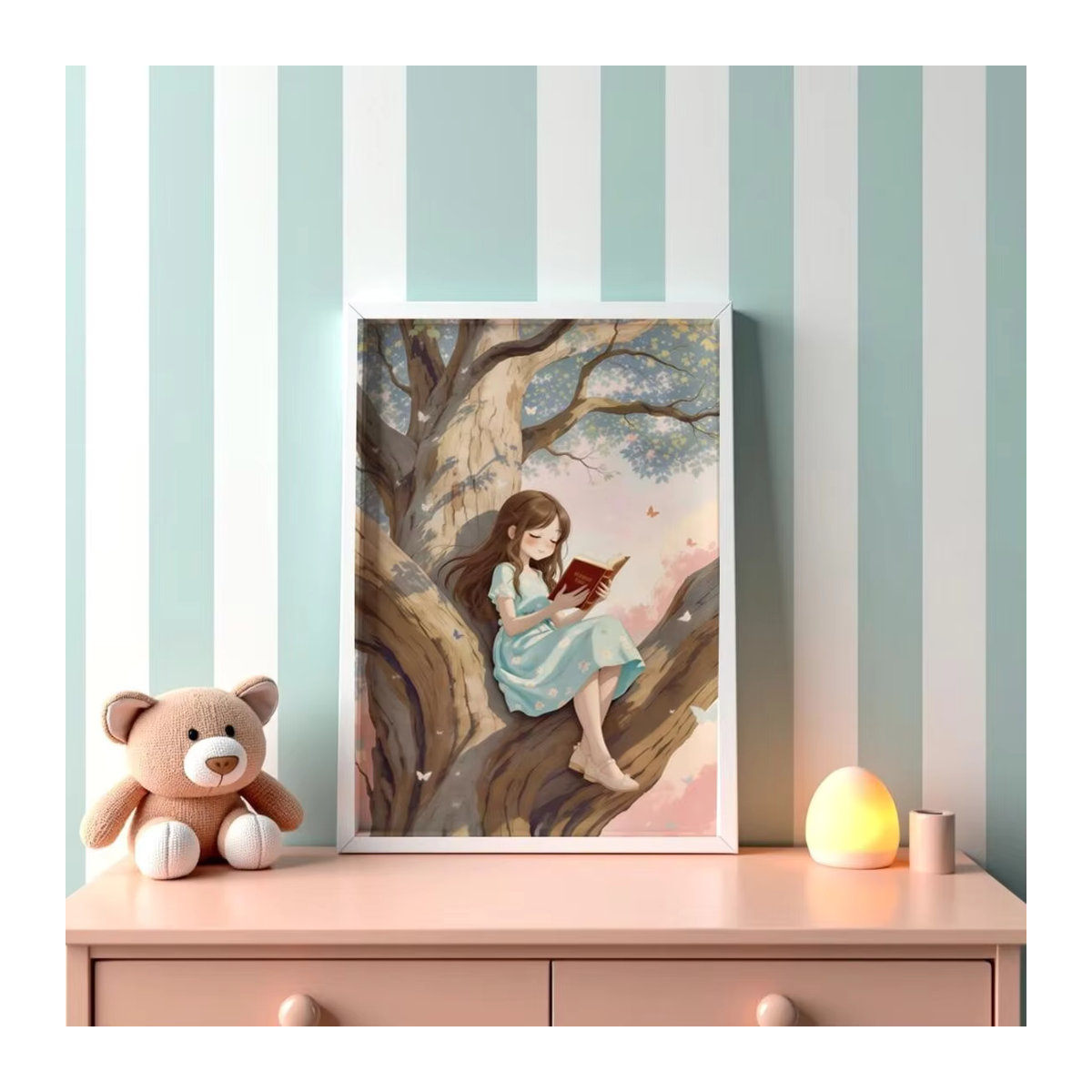 Wandkunst SHENCHEN mit lesender Mädchenfigur am Baum in mehrfarbigen Pastelltönen für Kinder als Wandmontage - Bild 6