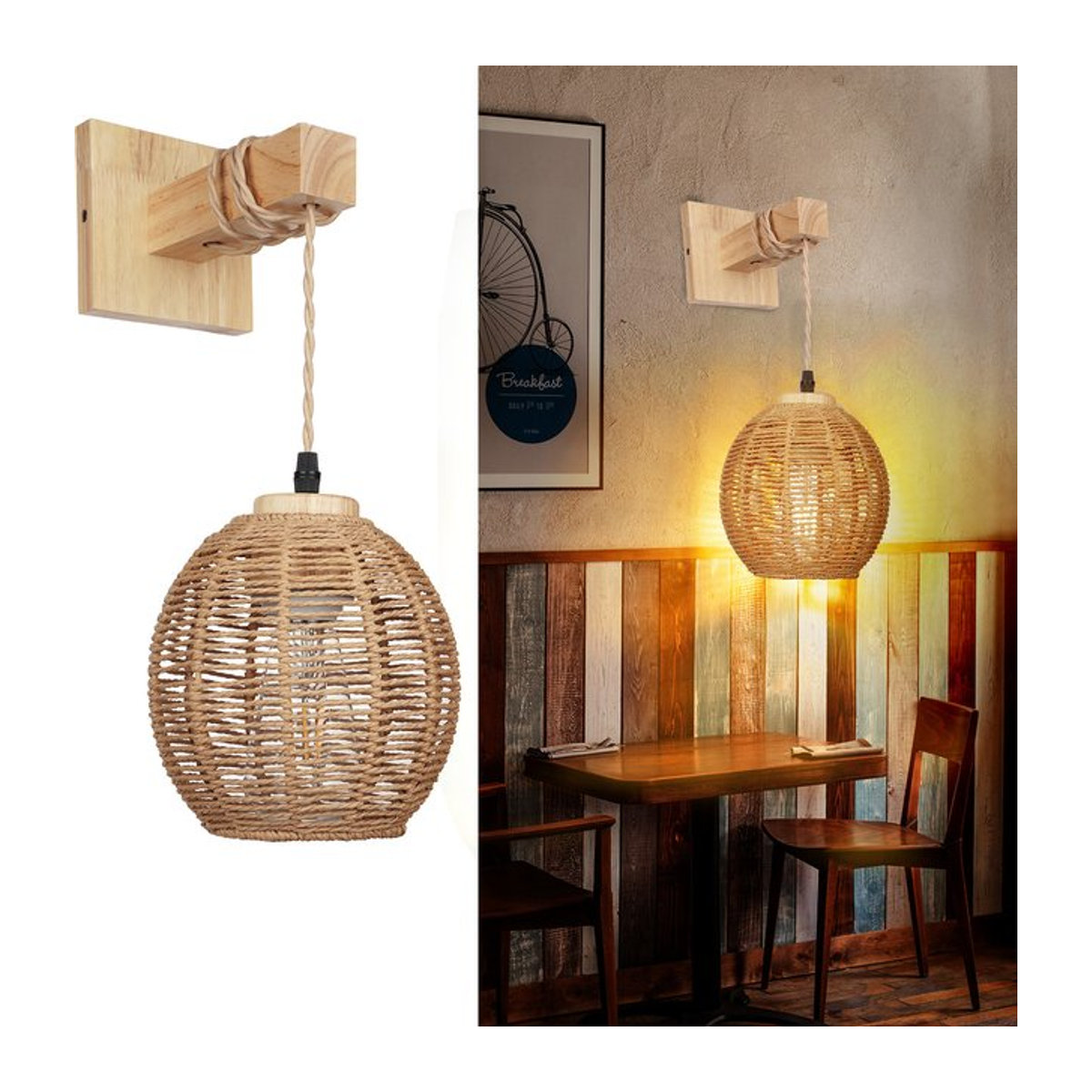 Wandleuchte ONEYLTT aus Bambus und Rattan in Braun im Bohemian Stil mit E27 Fassung - Bild 1