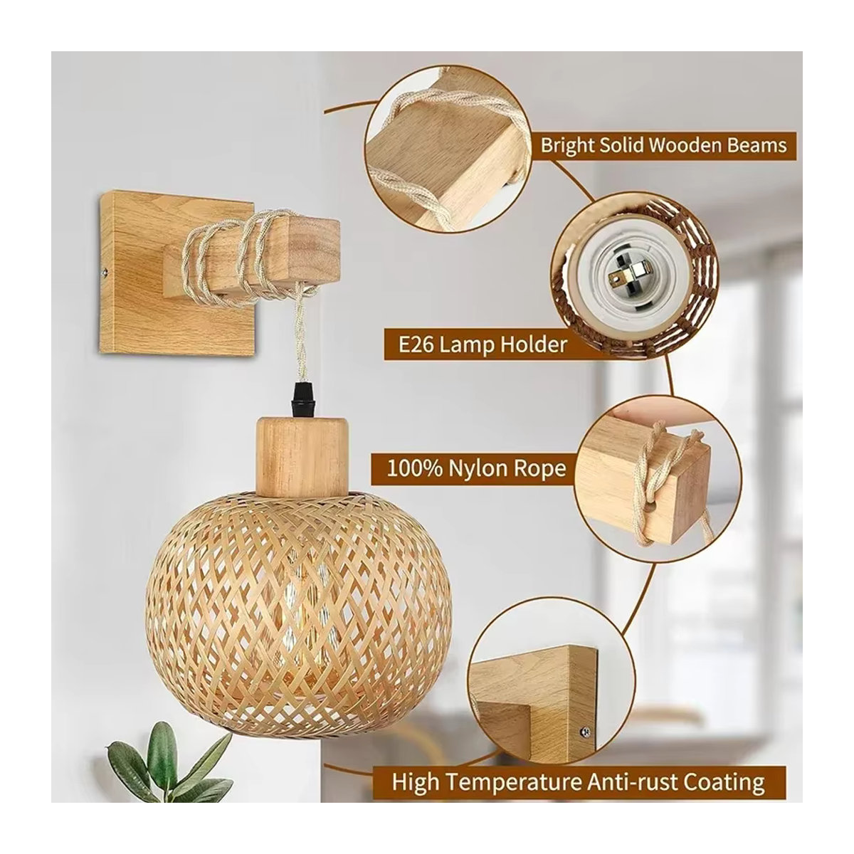 Wandleuchte ONEYLTT aus Bambus und Rattan in Braun im Bohemian Stil mit E27 Fassung - Bild 4