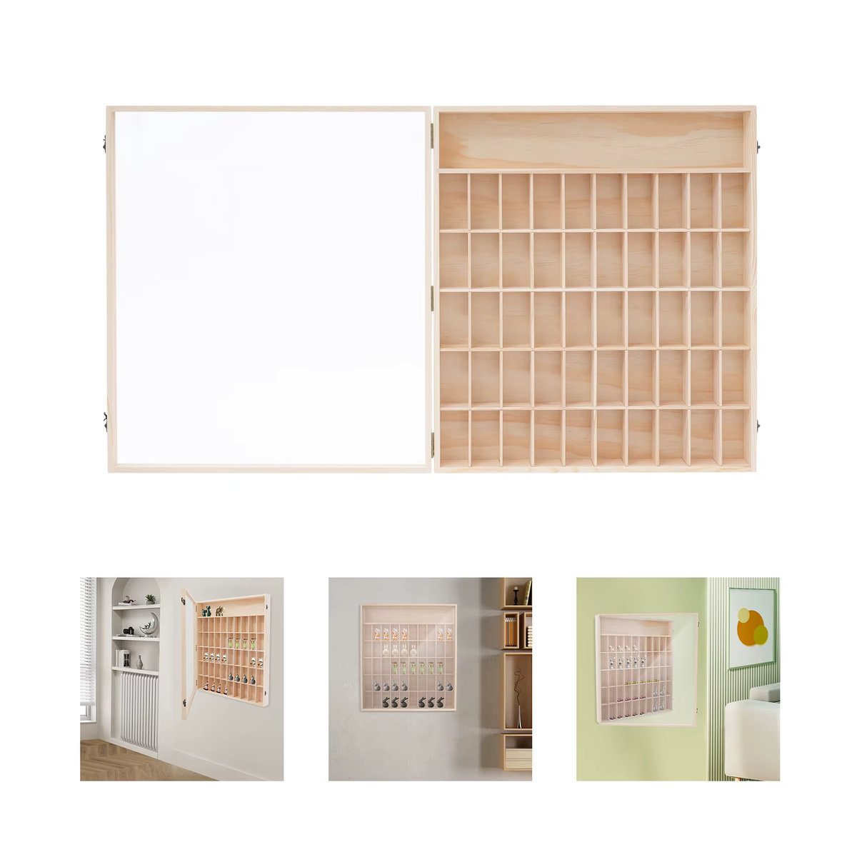 Wandmontierte Hängevitrine aus Acryl und Holz mit 6 Ebenen und Drehtüren in Beige und Weiß - Bild 2