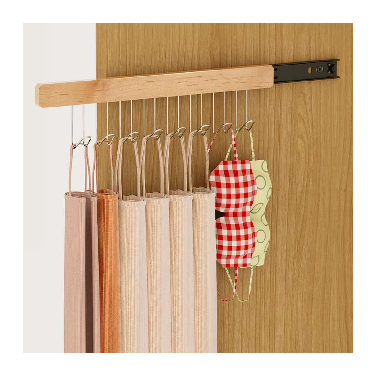 Wandmontierte Wandgarderobe aus Holz in Natur im skandinavischen Design mit Teleskop-Kleiderstange und 8 Haken zur platzsparenden Aufbewahrung - Bild 5