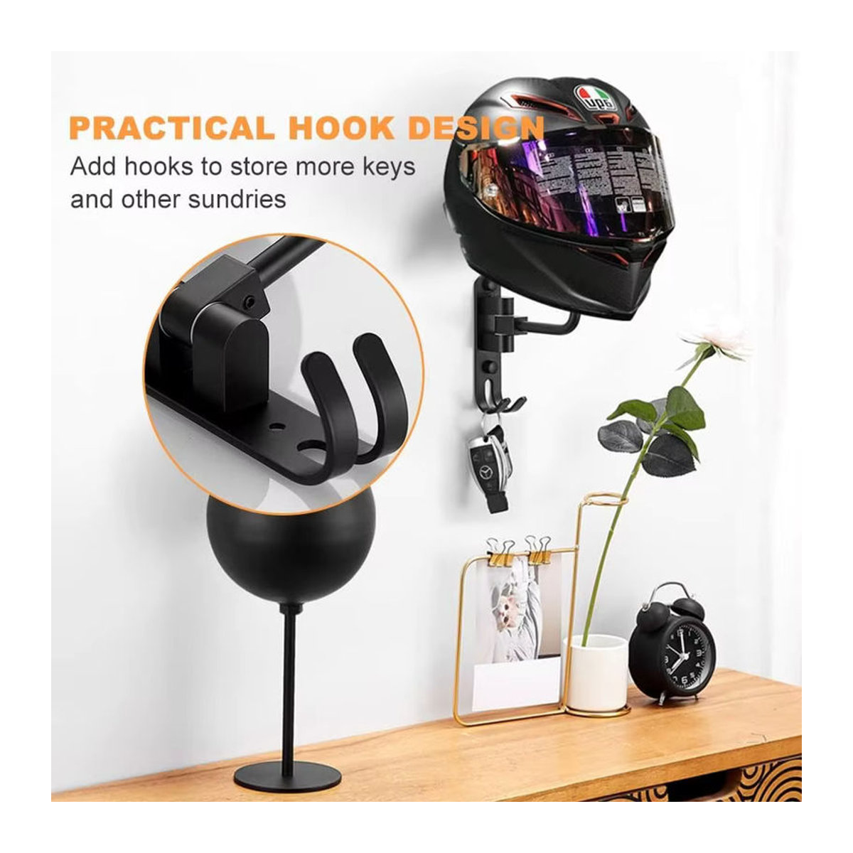 Wandmontiertes Metall-Regal in Schwarz mit 180 Grad drehbaren Haken als minimalistischer Mehrzweck-Ausstellungsständer für Helme und Handtaschen - Bild 3