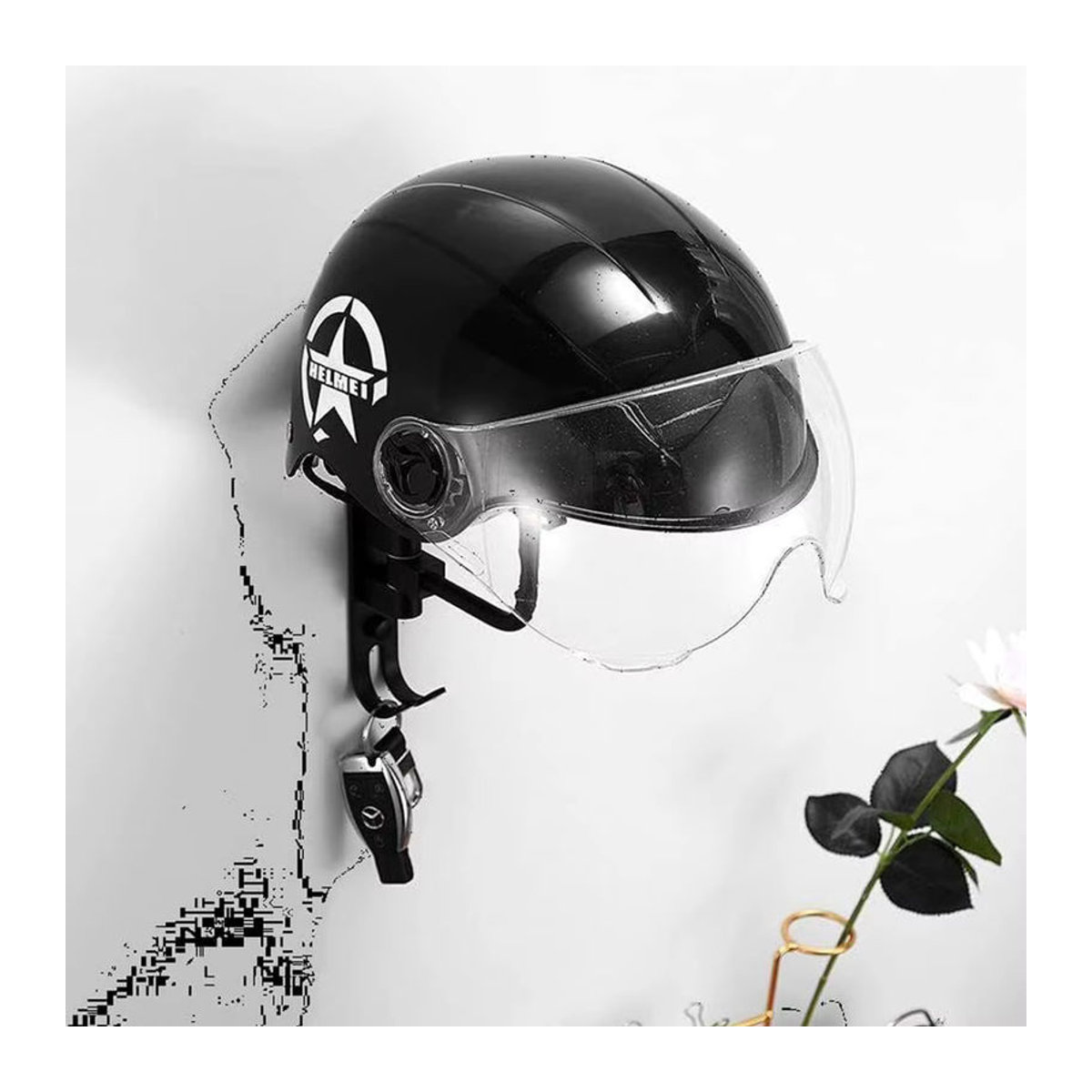 Wandmontiertes Metall-Regal in Schwarz mit 180 Grad drehbaren Haken als minimalistischer Mehrzweck-Ausstellungsständer für Helme und Handtaschen - Bild 5