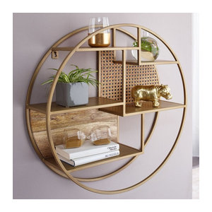 Wandregal FineBuy aus Holz und Metall im Industrial Design mit Wiener Geflecht, B/T/H: 62 x 17 x 62 cm