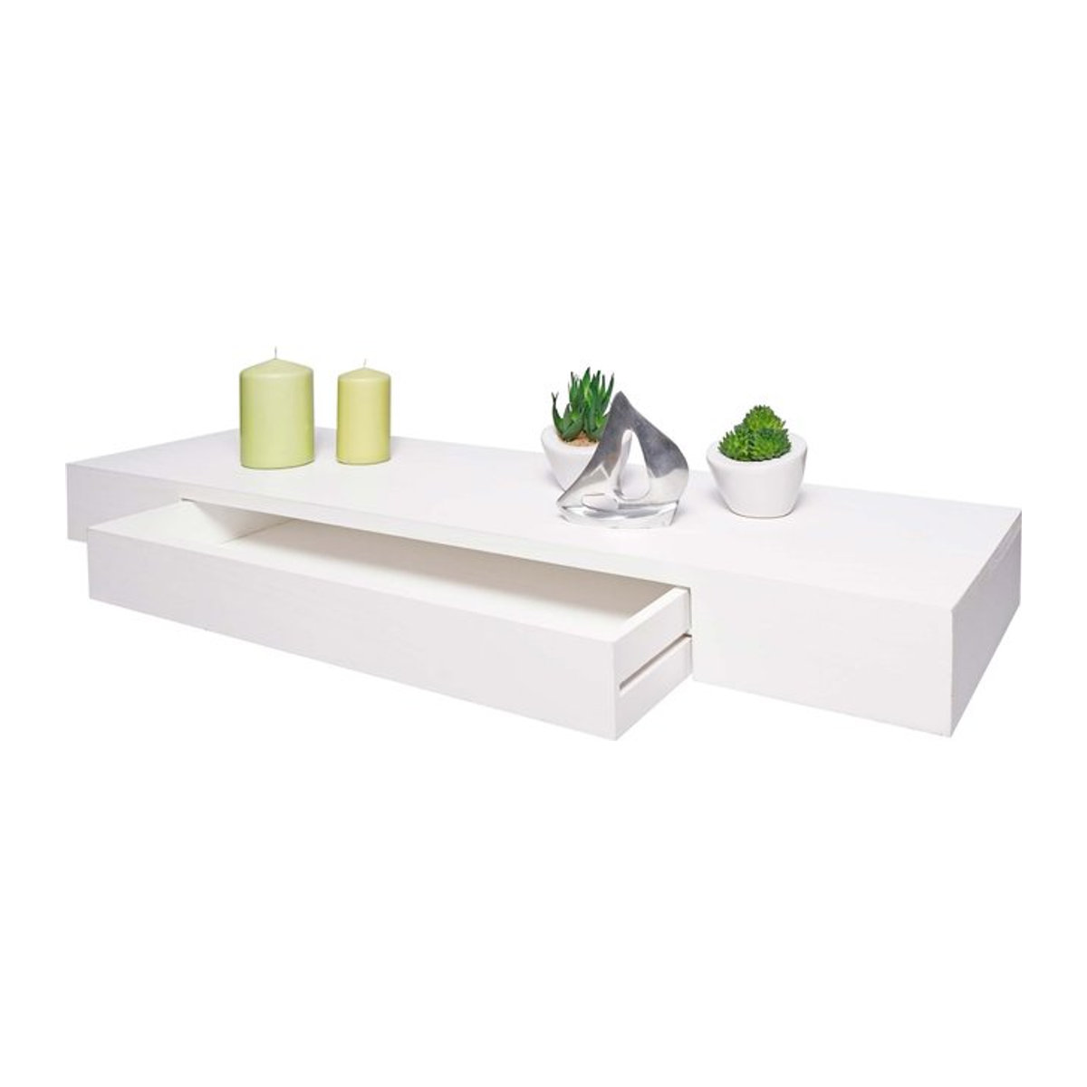 Wandregal MCW-H37 aus Massivholz mit Schublade in Weiß, B/H/T: 80 x 8 x 25 cm - Bild 1