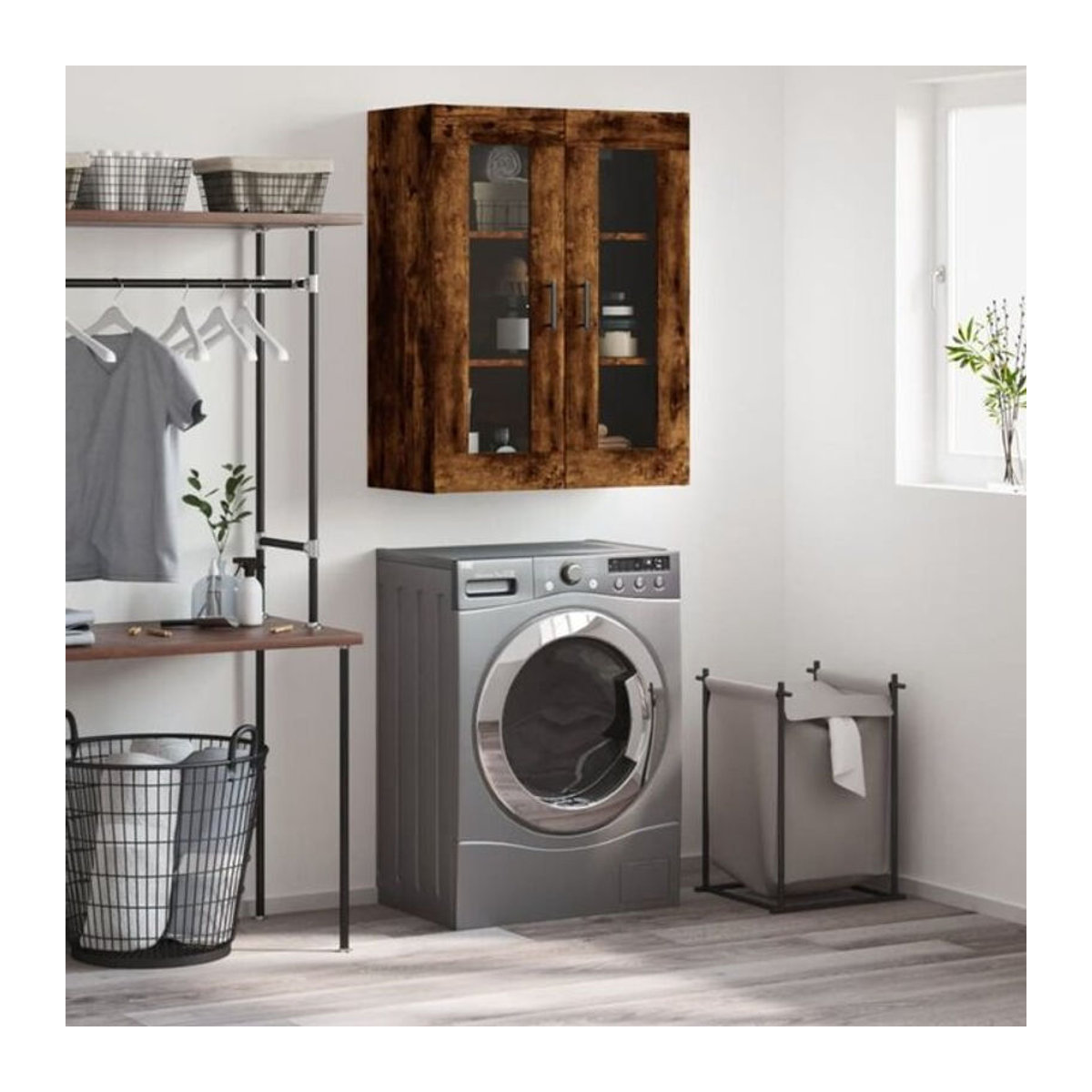 Wandschrank Vidaxl in Räuchereiche mit Drehtüren aus Holzwerkstoff und Glas, Braun/Grau, B: 69,5 cm, T: 34 cm, H: 90 cm - Bild 1