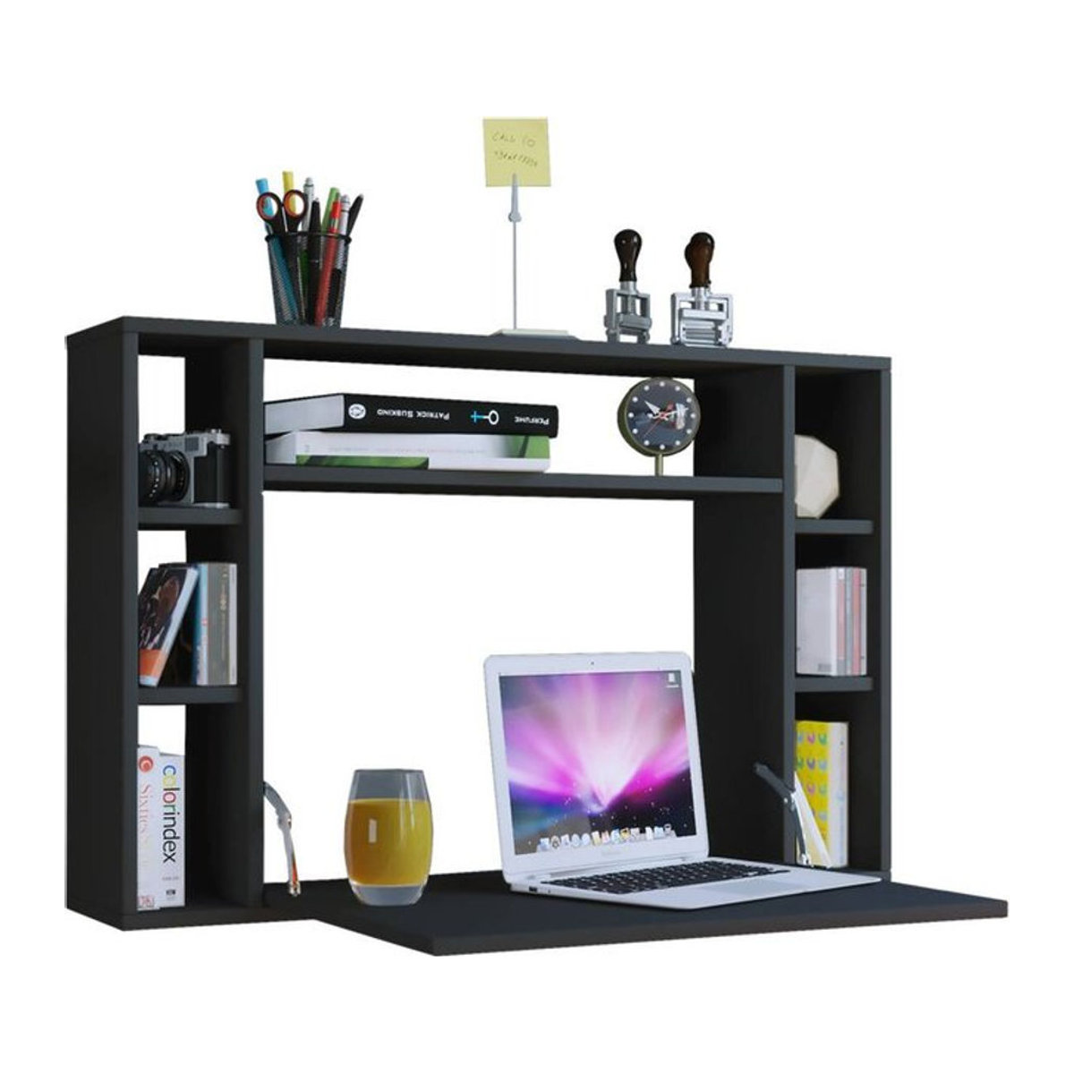Wandschreibtisch Wandila von VCM Möbel aus Holz in Schwarz mit ausklappbarer Tischplatte und 7 Fächern, B: 90 cm, H: 60 cm, T: 20/67 cm - Bild 1