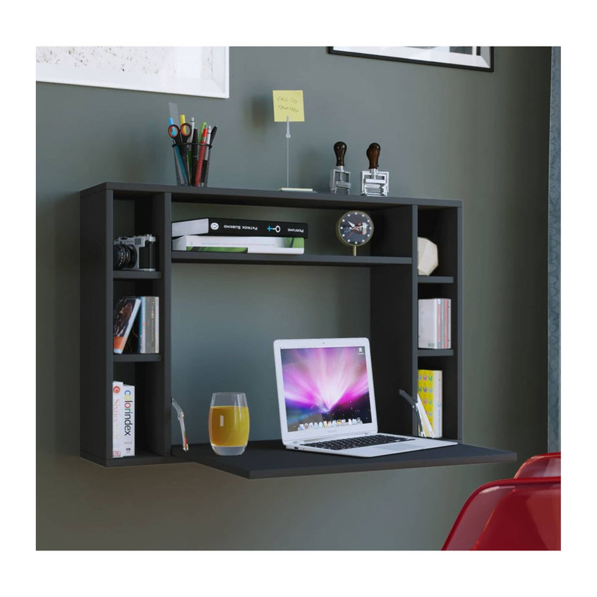 Wandschreibtisch Wandila von VCM Möbel aus Holz in Schwarz mit ausklappbarer Tischplatte und 7 Fächern, B: 90 cm, H: 60 cm, T: 20/67 cm - Bild 2