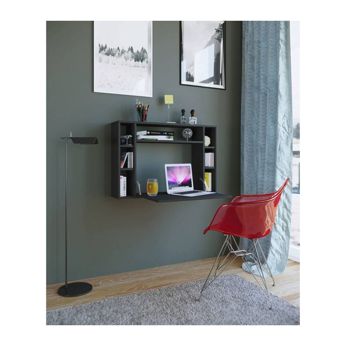 Wandschreibtisch Wandila von VCM Möbel aus Holz in Schwarz mit ausklappbarer Tischplatte und 7 Fächern, B: 90 cm, H: 60 cm, T: 20/67 cm - Bild 3