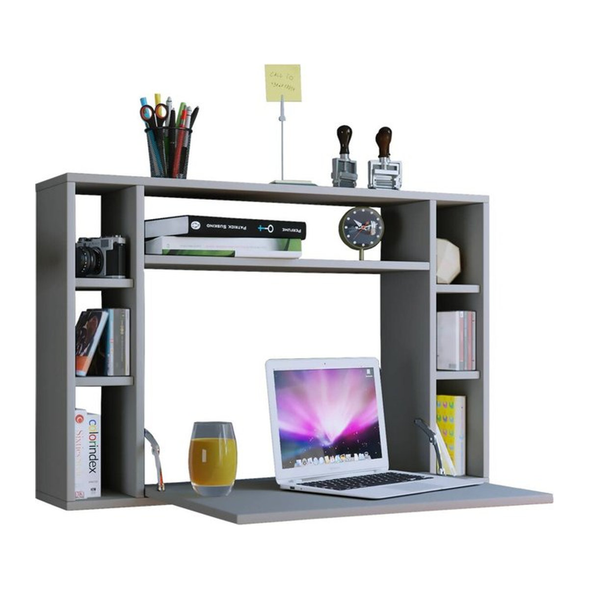 Wandschreibtisch Wandila von VCM Möbel in Grau mit ausklappbarer Tischplatte und 7 Fächern, B: 90 cm, T: 20/67 cm, H: 60 cm - Bild 1