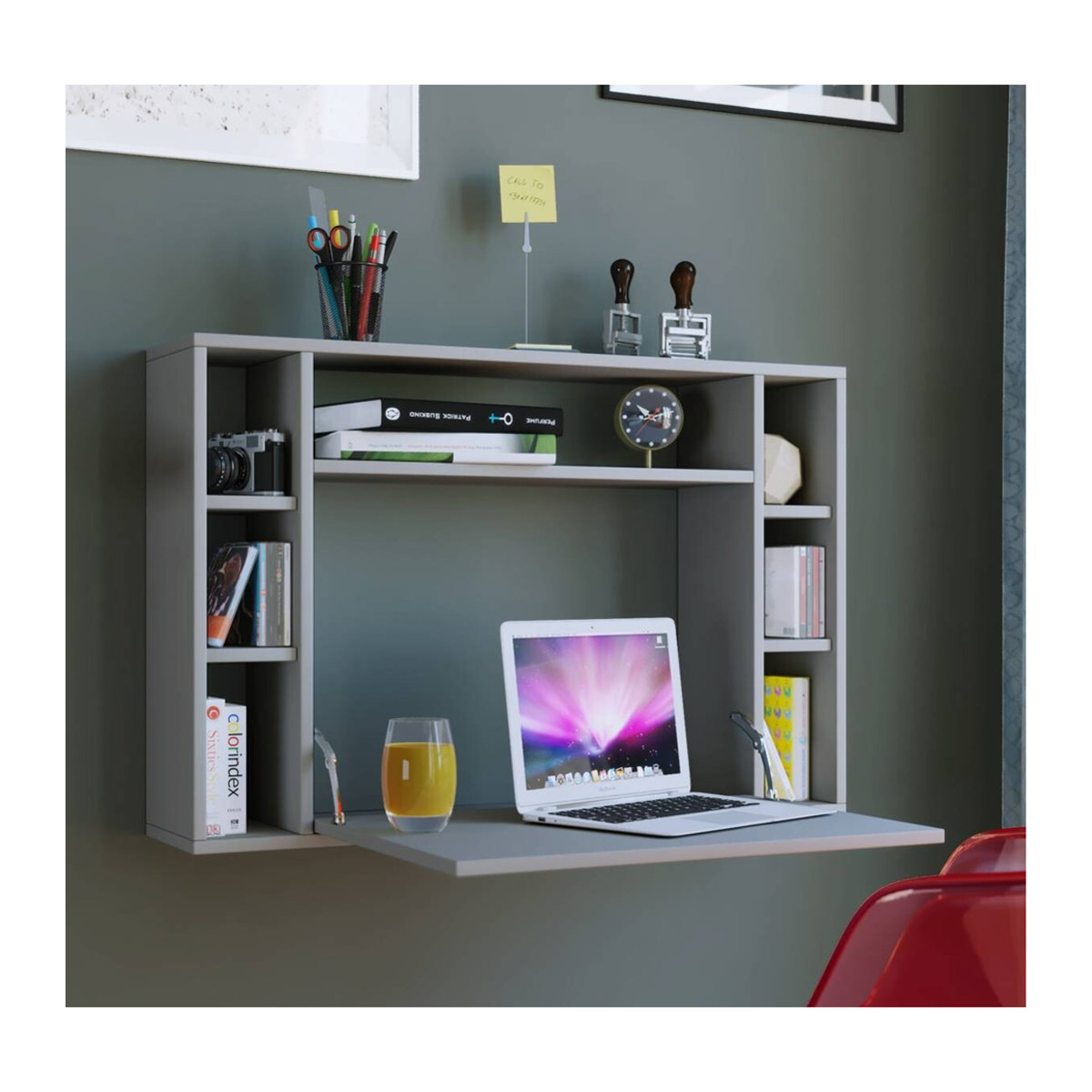 Wandschreibtisch Wandila von VCM Möbel in Grau mit ausklappbarer Tischplatte und 7 Fächern, B: 90 cm, T: 20/67 cm, H: 60 cm - Bild 2