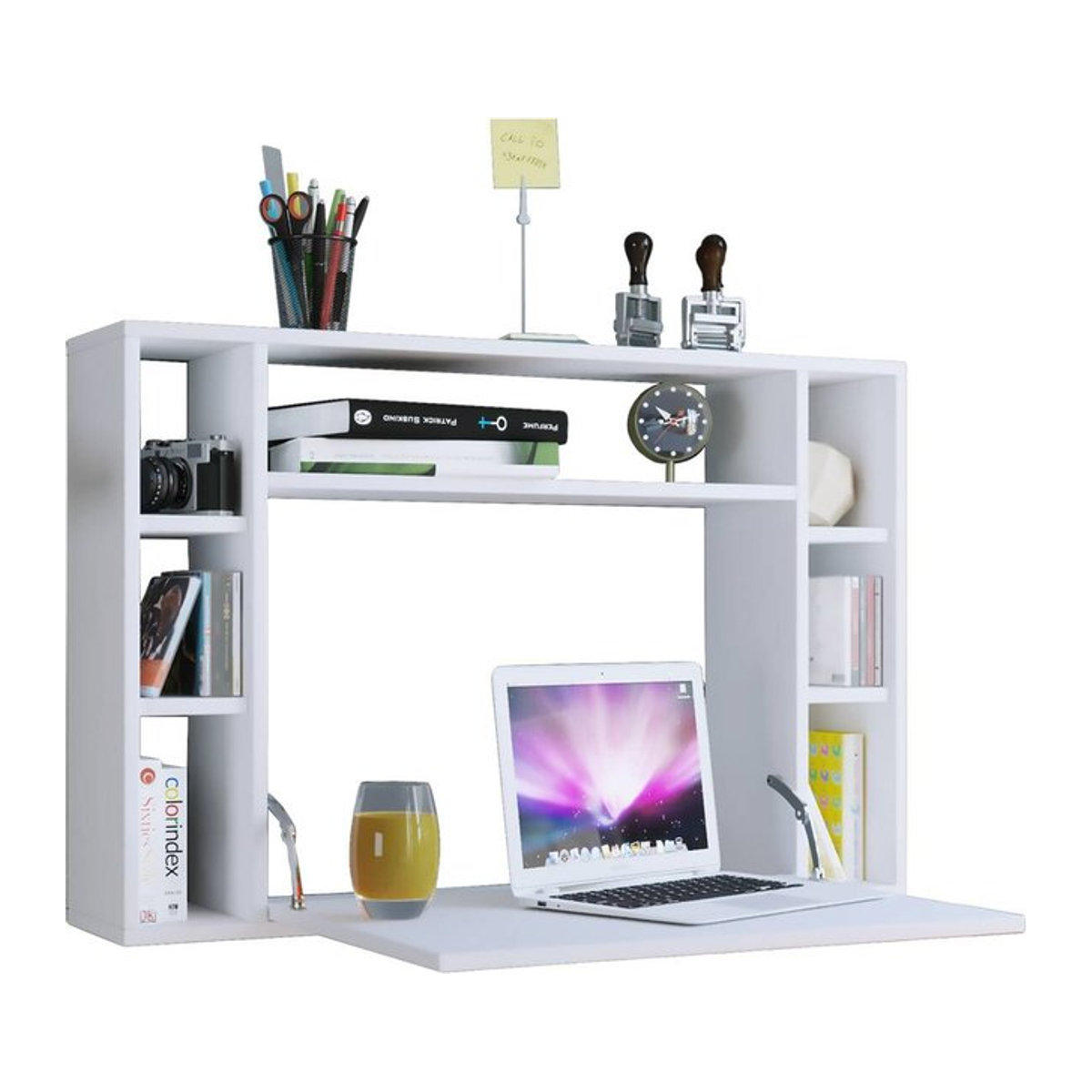 Wandschreibtisch Wandila von VCM Möbel in Weiß mit ausklappbarer Tischplatte und 7 Fächern, B: 90 cm, H: 60 cm, T: 20/67 cm - Bild 1