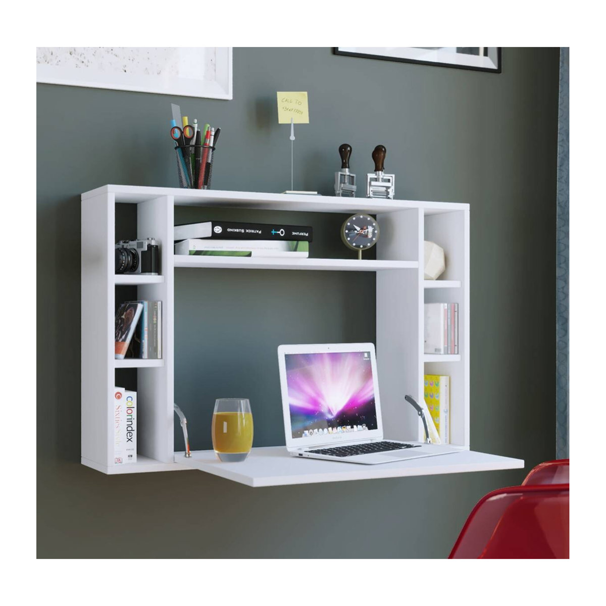 Wandschreibtisch Wandila von VCM Möbel in Weiß mit ausklappbarer Tischplatte und 7 Fächern, B: 90 cm, H: 60 cm, T: 20/67 cm - Bild 2