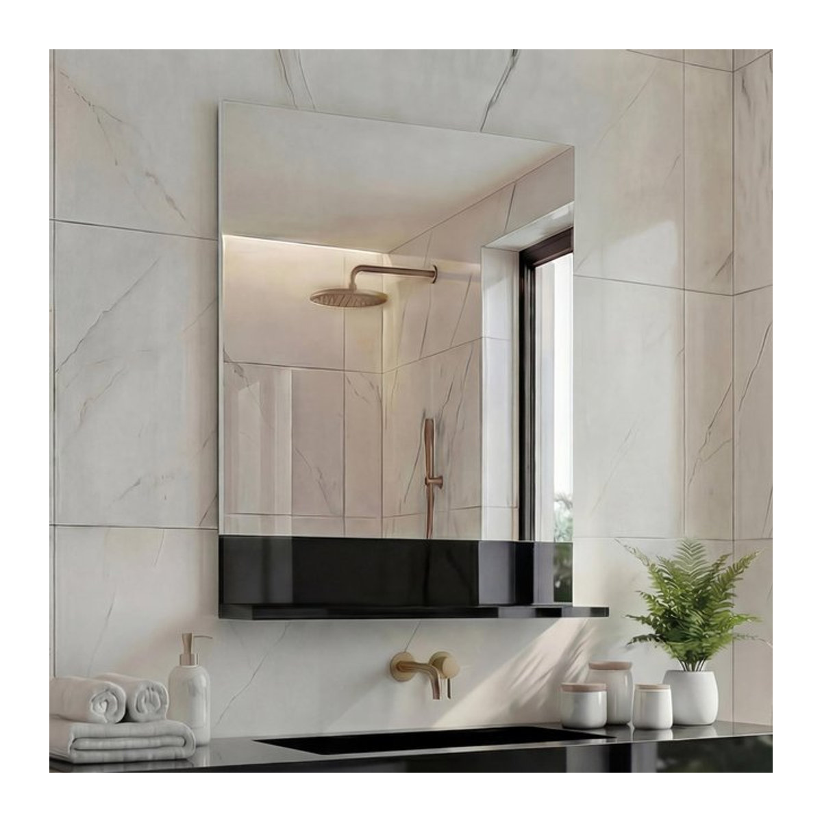 Wandspiegel mit Ablage MCW-B19 für das Badezimmer in Schwarz, rechteckig und modern, B: 75 cm, H: 60 cm - Bild 1