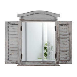 Wandspiegel Spiegelfenster mit Fensterläden von MCW in Grau im Vintage Shabby Stil aus Holz, B: 53 cm, H: 42 cm, T: 5 cm