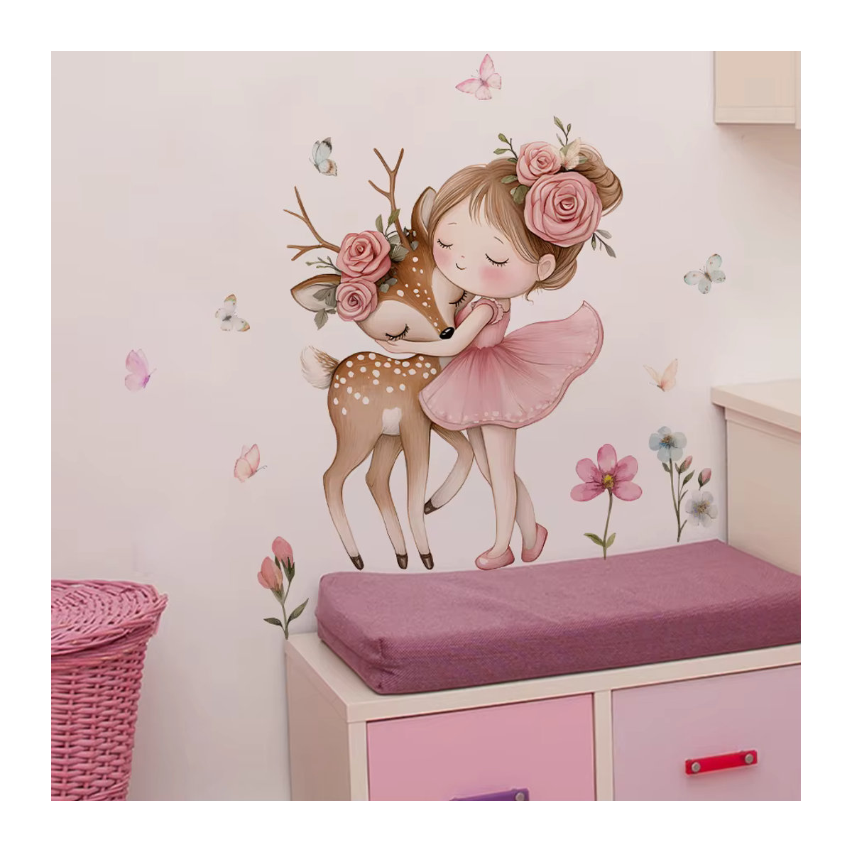 Wandtattoo BRUP Cartoon Mädchen mit Hirsch in Mehrfarbig für Kinderzimmer und Schlafzimmer als wasserdichter Wandaufkleber - Bild 2