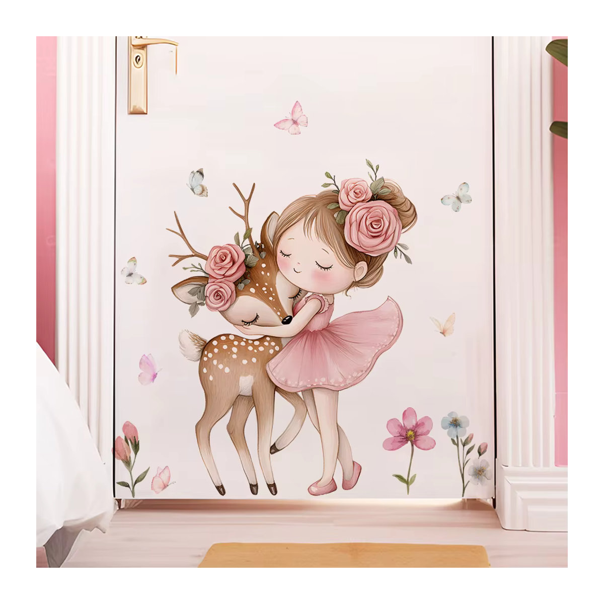 Wandtattoo BRUP Cartoon Mädchen mit Hirsch in Mehrfarbig für Kinderzimmer und Schlafzimmer als wasserdichter Wandaufkleber - Bild 4