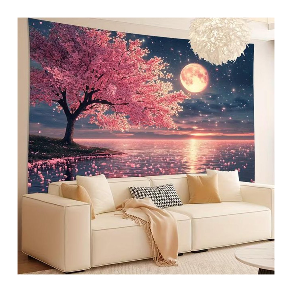 Wandteppich mit rosa Kirschblütenbaum unter Vollmond und Wasserspiegelung von xing hong hui trading company, florale Natur-Wandkunst in Textil, B: 120 cm, H: 80 cm - Bild 1