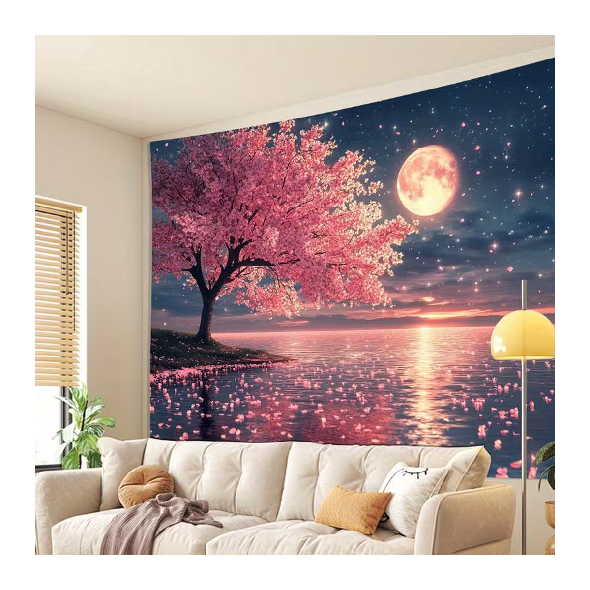 Wandteppich mit rosa Kirschblütenbaum unter Vollmond und Wasserspiegelung von xing hong hui trading company, florale Natur-Wandkunst in Textil, B: 120 cm, H: 80 cm - Bild 2