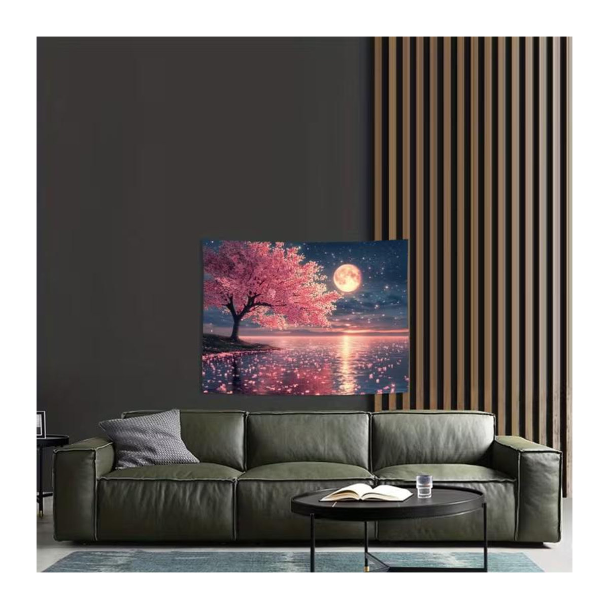 Wandteppich mit rosa Kirschblütenbaum unter Vollmond und Wasserspiegelung von xing hong hui trading company, florale Natur-Wandkunst in Textil, B: 120 cm, H: 80 cm - Bild 3