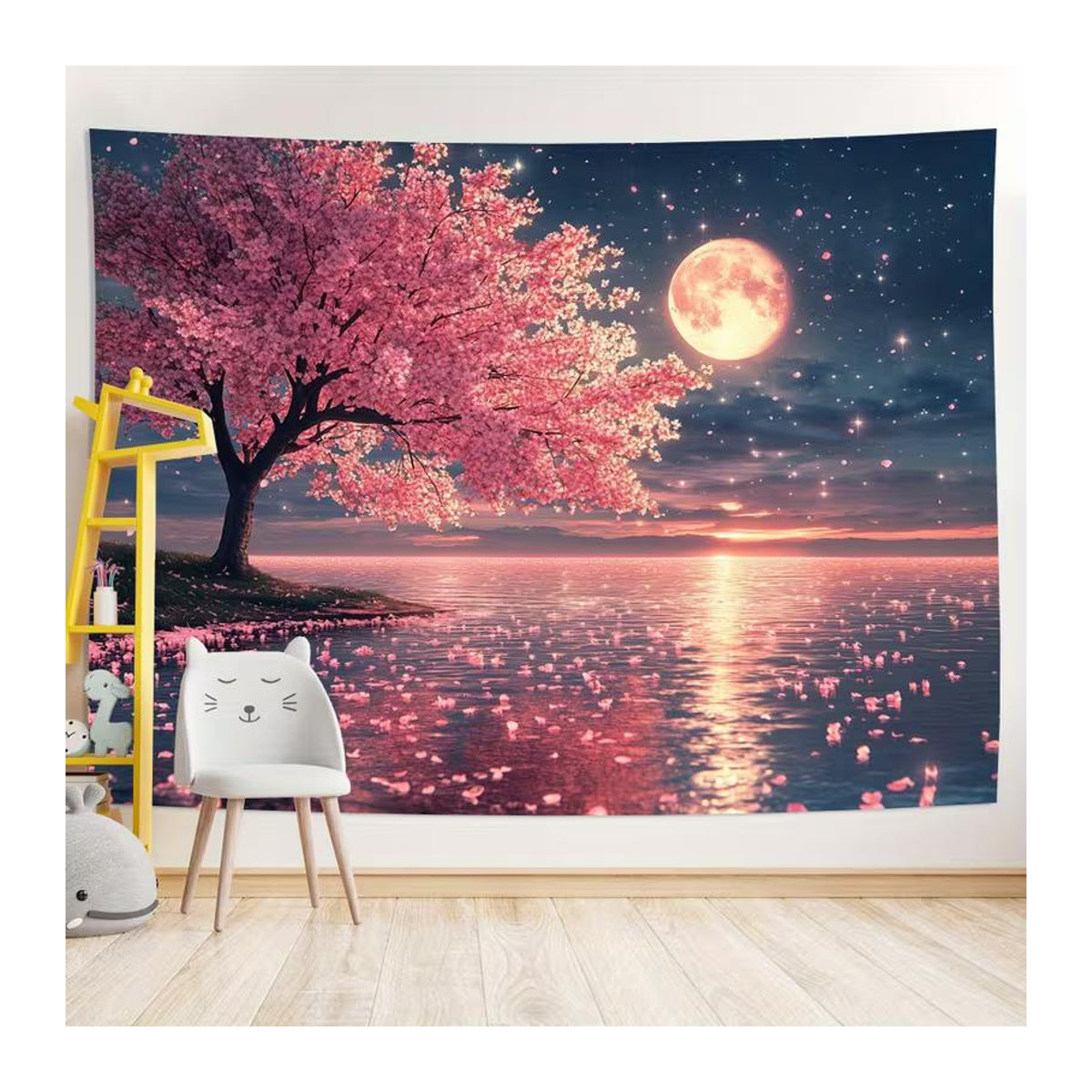 Wandteppich mit rosa Kirschblütenbaum unter Vollmond und Wasserspiegelung von xing hong hui trading company, florale Natur-Wandkunst in Textil, B: 120 cm, H: 80 cm - Bild 4