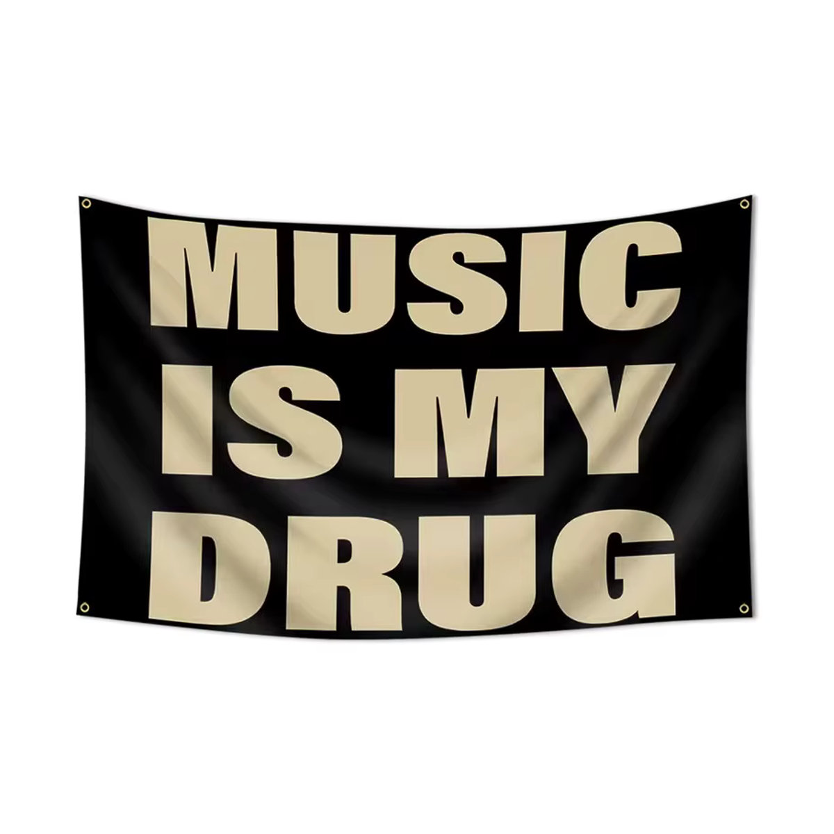 Wandteppich von RoarGosh mit dem Zitat Music Is My Drug in Schwarz und Braun, minimalistisches Textildesign für Musikliebhaber - Bild 5