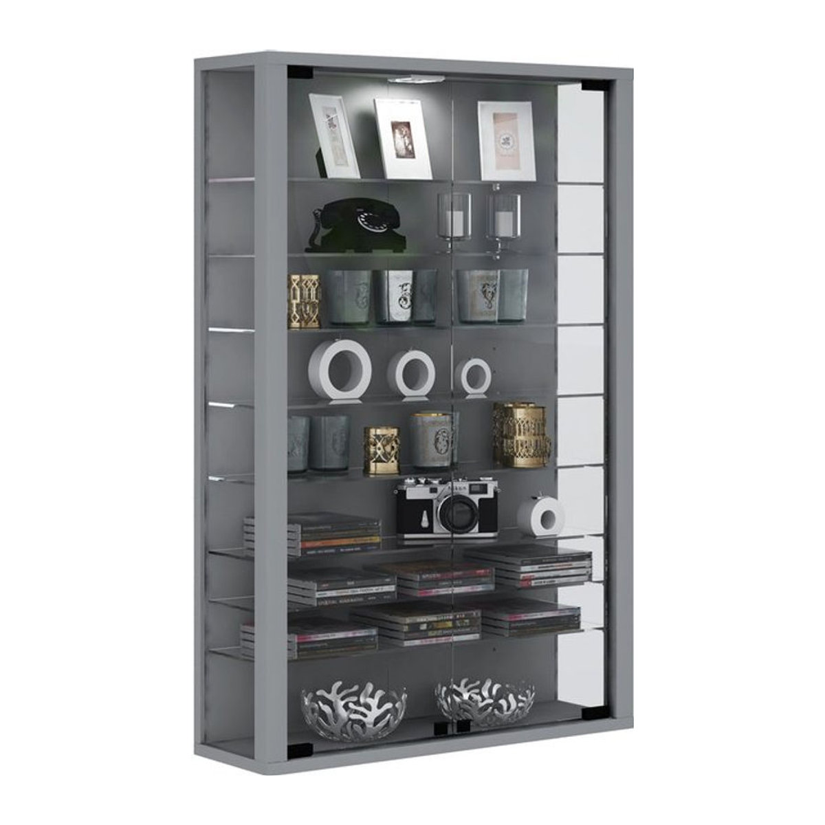 Wandvitrine VCM Vitrosa Mini in Silber mit LED-Beleuchtung, 8 Einlegeböden und 2 Drehtüren aus Glas und Holz, B: 59 cm, H: 91 cm, T: 18 cm - Bild 1