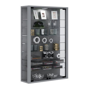 Wandvitrine VCM Vitrosa Mini in Silber mit LED-Beleuchtung, 8 Einlegeböden und 2 Drehtüren aus Glas und Holz, B: 59 cm, H: 91 cm, T: 18 cm